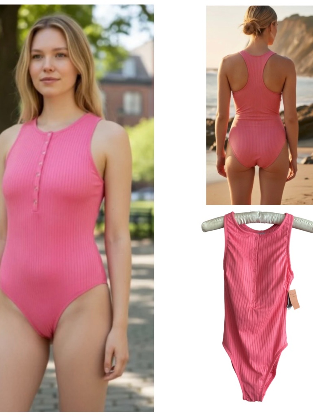 🌼 NWT Shade & Shore Ribbed Pink One-Piece Swimsuit with Snap Front Size XS - Picture 4 of 6
